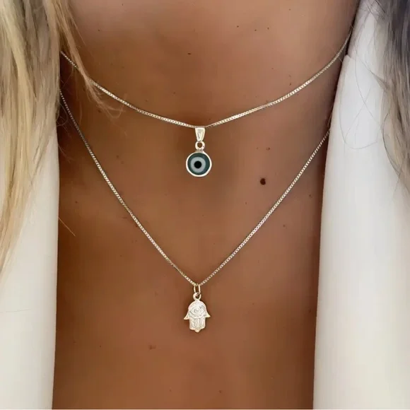 18K Gold Plated Layered Evil Eye & Hamsa Hand Necklace Set NIP - Picture 5 of 6